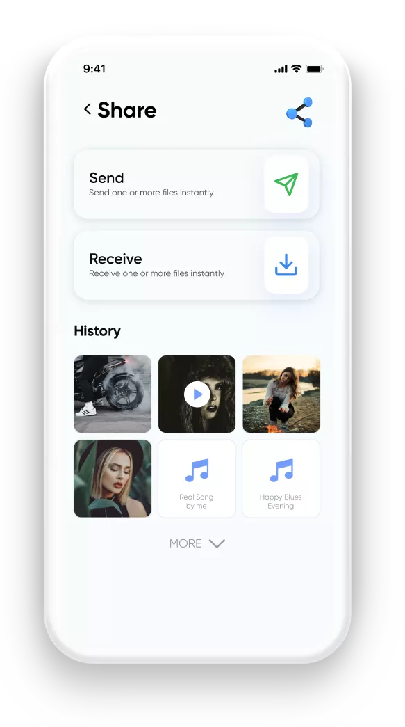 File sharing screen with history, send and receive options for media